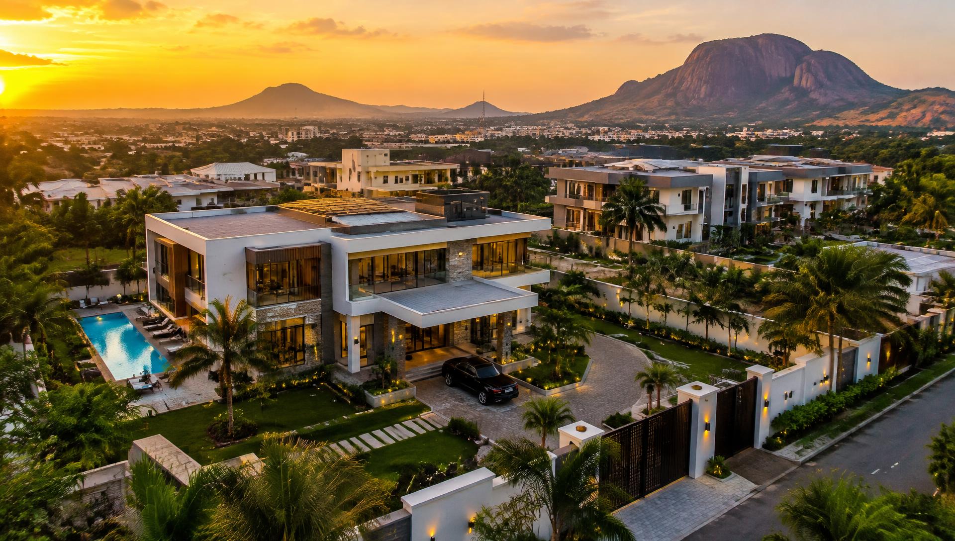 Aerial view of a luxury residential estate in Abuja at sunset